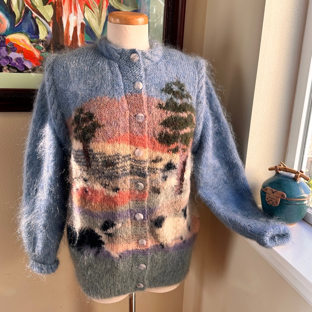 Susie Lee Mohair Landscape w/Sheep & Dogs Mohair Hand Knit Art Sweater c1980s